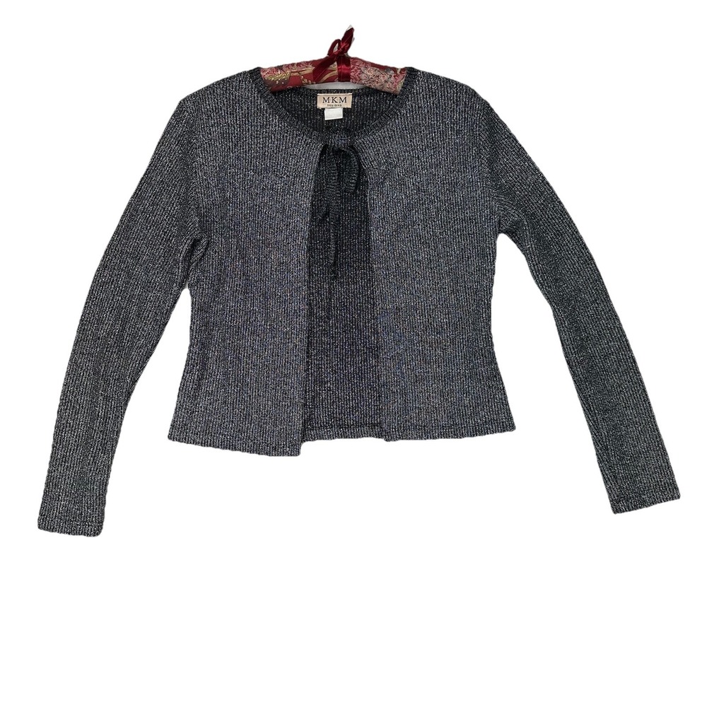 MKM Designs VTG Silver Metallic Tie Front Cardigan Y2K‎ Indie Grunge M